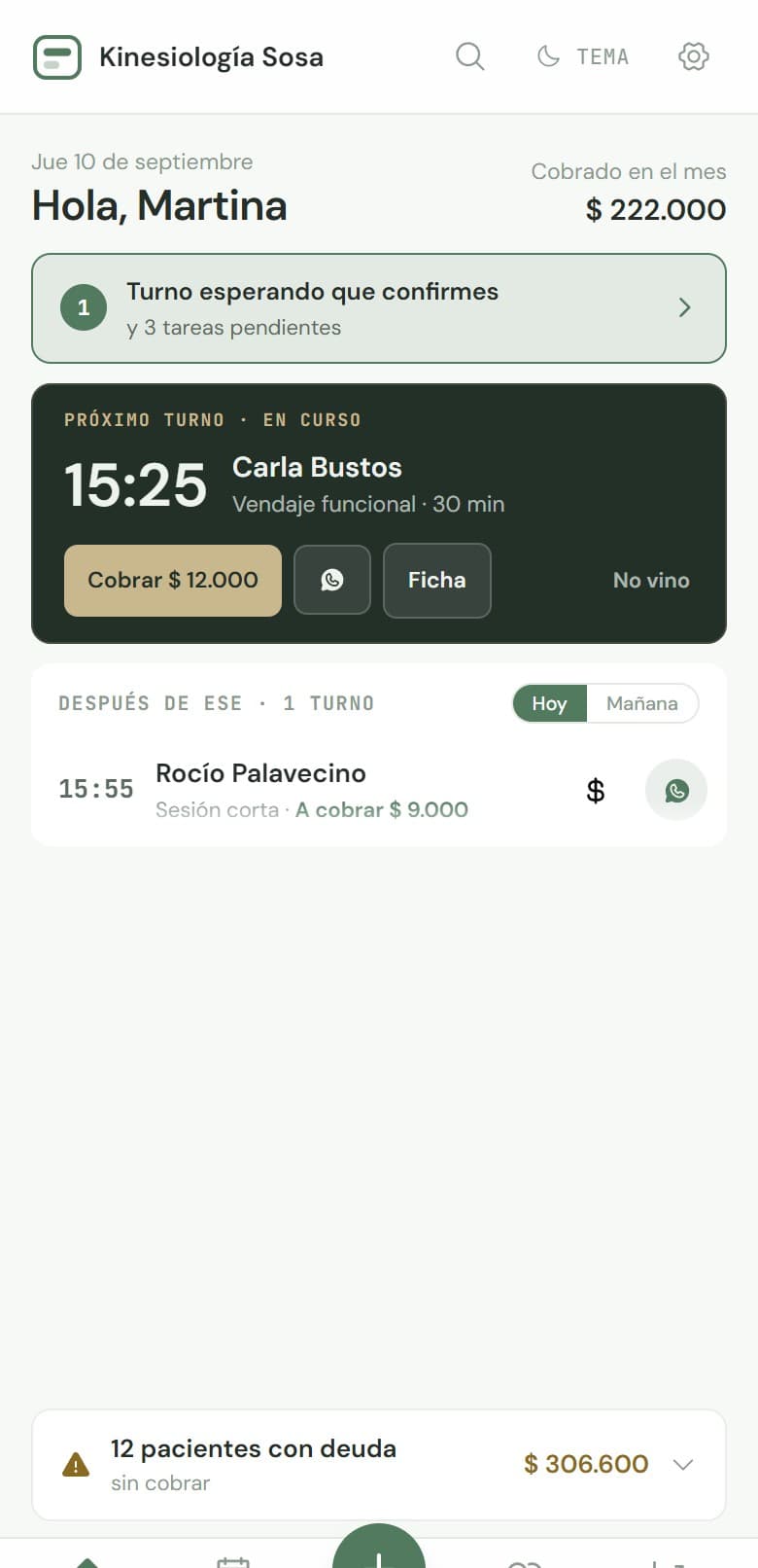 Pantalla de inicio de Turnia con el próximo turno y los pendientes del día