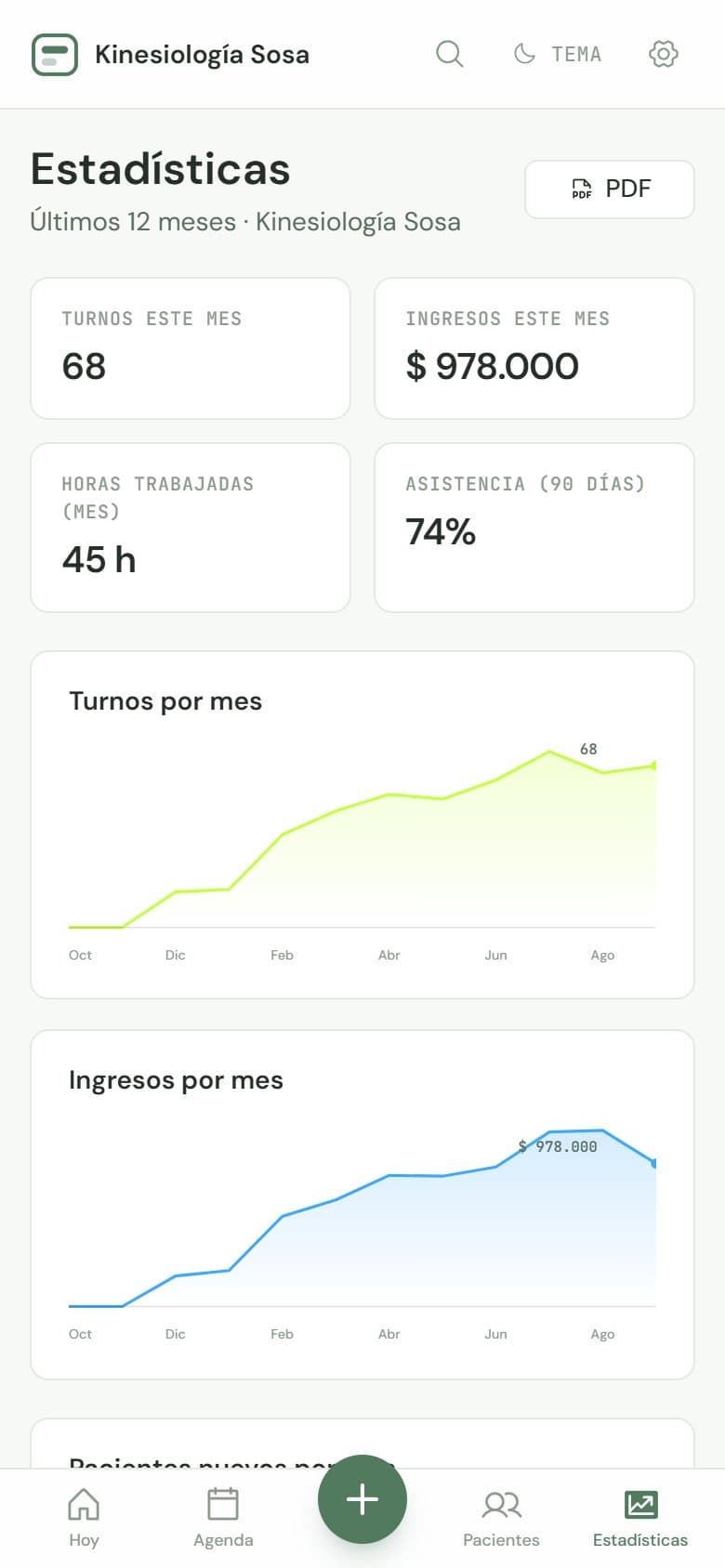 Estadísticas del negocio con gráficos de turnos e ingresos