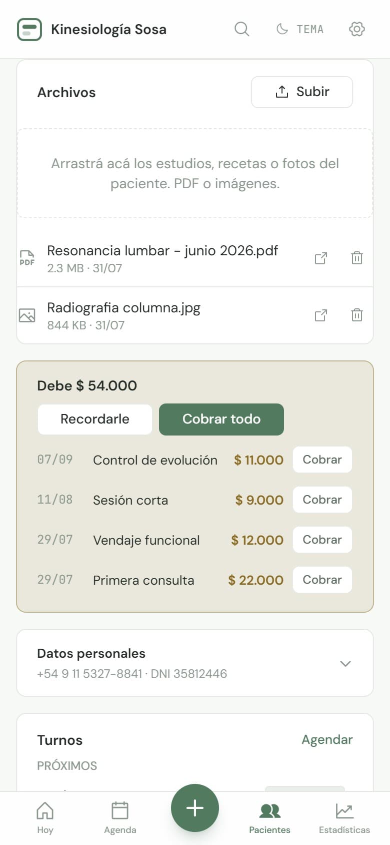 Estudios y fotos guardados en la ficha del paciente