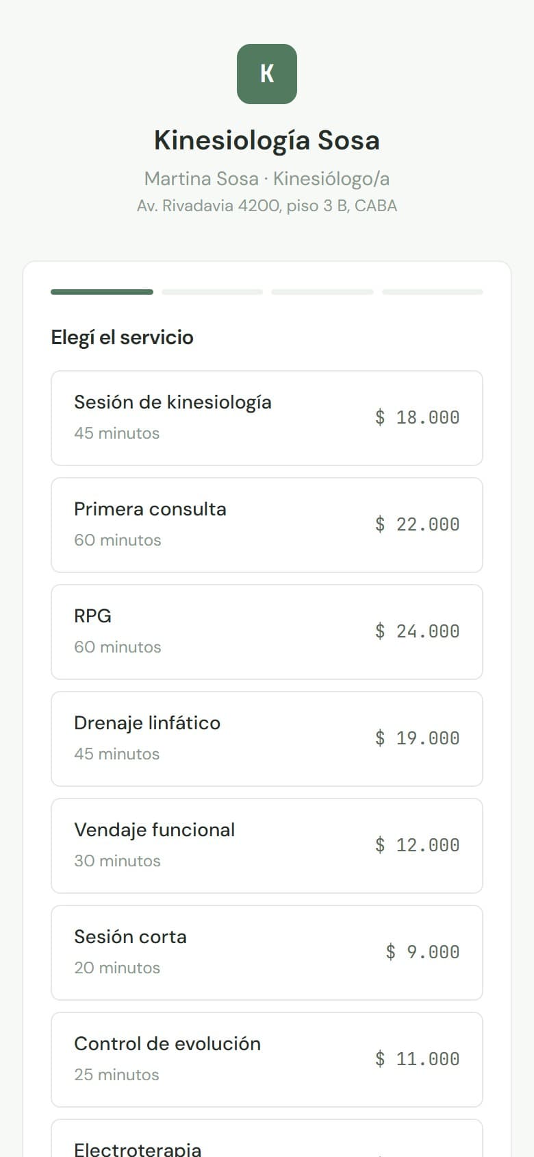Página pública de reservas con la lista de servicios y precios